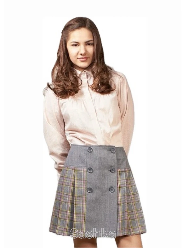 Спідниця для дівчинки підлітка Sashka шкільна з сіро-рожевою клітинкою, розмір 152-176